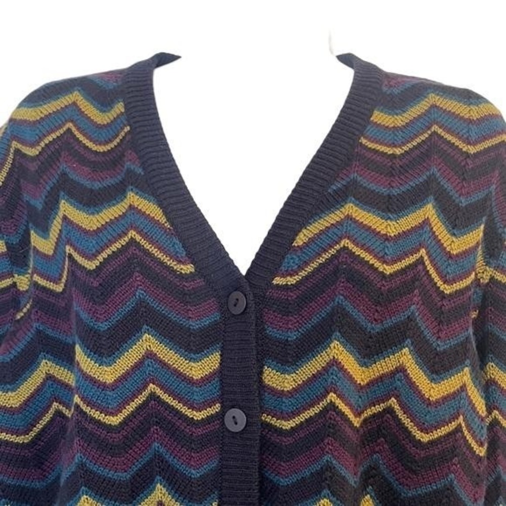 Nina Charles Kasper ASL Vintage Chevron Zigzag Cardigan Sweater Navy Blue Large - Picture 3 of 8